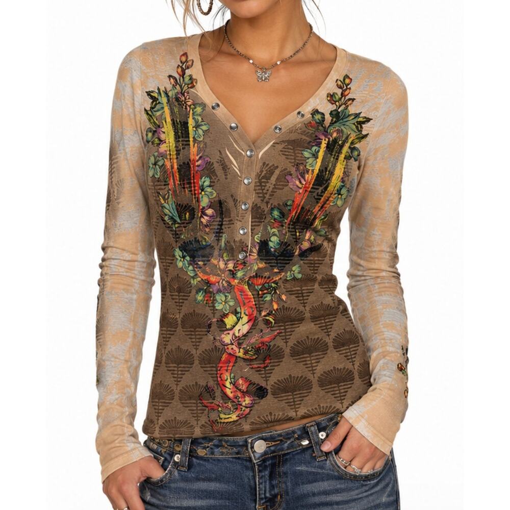 Butterfly Dropout Sheer Burnout Y2K Graphic Henley Top Boho Fairygrunge Indie M